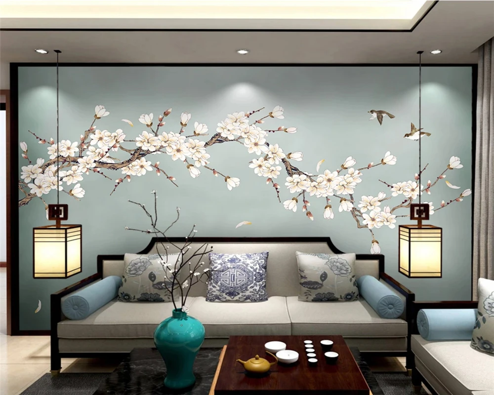 beibehang Custom, новый китайский стиль, нарисованные цветы, птицы, цветок магнолии, фоновые обои, декоративная роспись из папье-маше 4