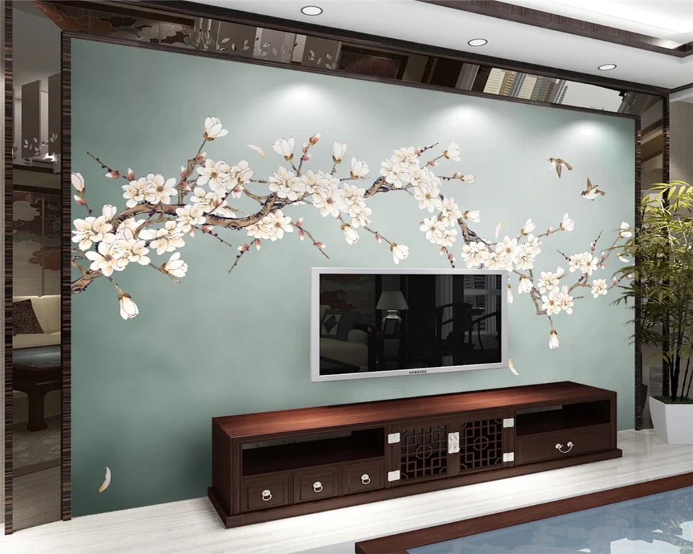 beibehang Custom, новый китайский стиль, нарисованные цветы, птицы, цветок магнолии, фоновые обои, декоративная роспись из папье-маше 5