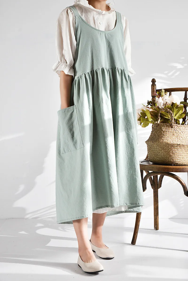 Новое женское модное хлопчатобумажное льняное платье, однотонный сарафан, фартук для работы в саду, платье-сарафан со свободными карманами, платье до середины икры 1