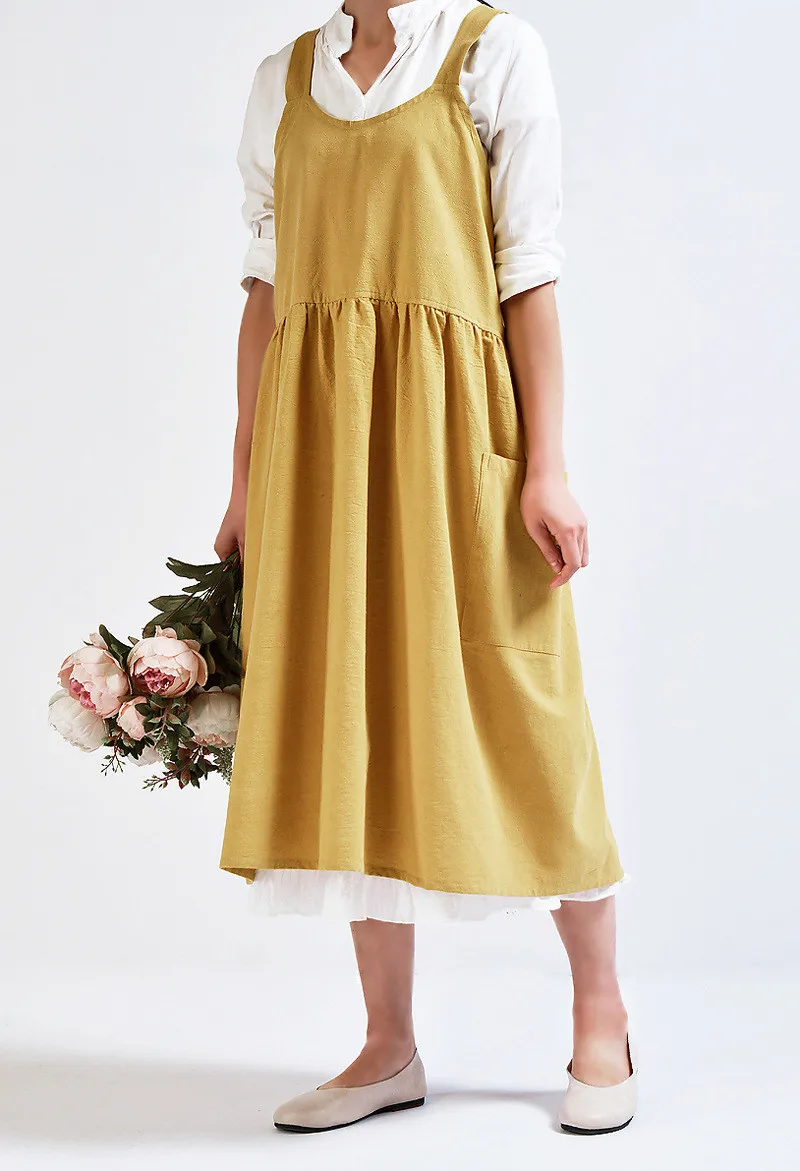 Новое женское модное хлопчатобумажное льняное платье, однотонный сарафан, фартук для работы в саду, платье-сарафан со свободными карманами, платье до середины икры 2