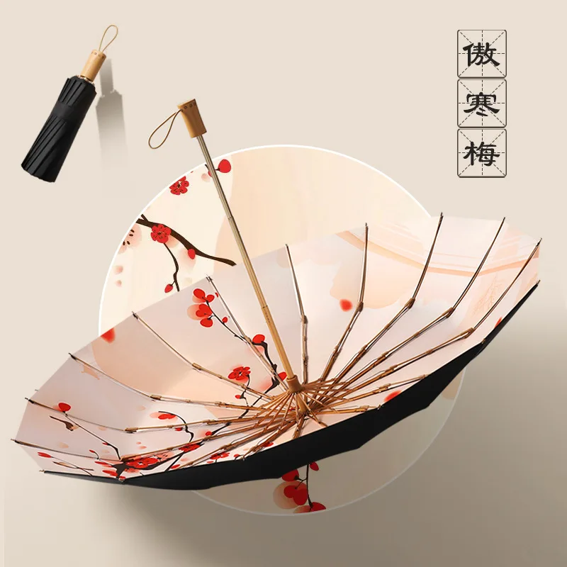 Ретро Ветрозащитный трехстворчатый зонт с защитой от ультрафиолета, 16 ребер, деревянная ручка, китайский классический зонт для женщин, мужской зонтик в подарок 4
