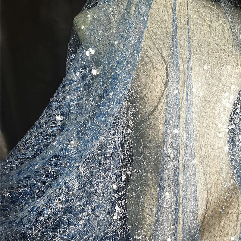 Супер Красивый синий тюль С вышивкой пайетками, блестящая сетчатая свадебная ткань Для свадебного платья, расшитое бисером, Роскошная кружевная ткань 0