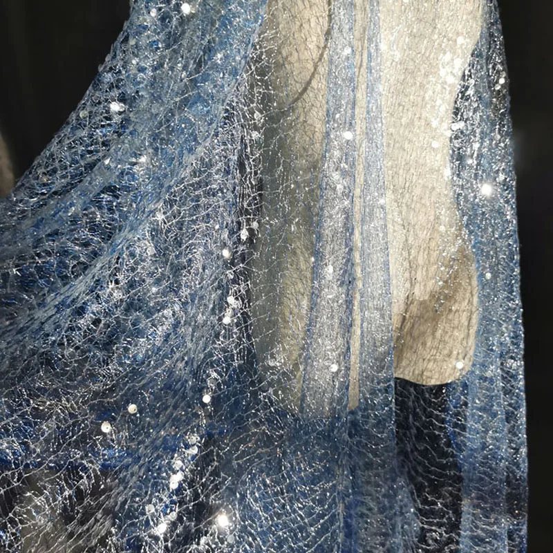 Супер Красивый синий тюль С вышивкой пайетками, блестящая сетчатая свадебная ткань Для свадебного платья, расшитое бисером, Роскошная кружевная ткань 2