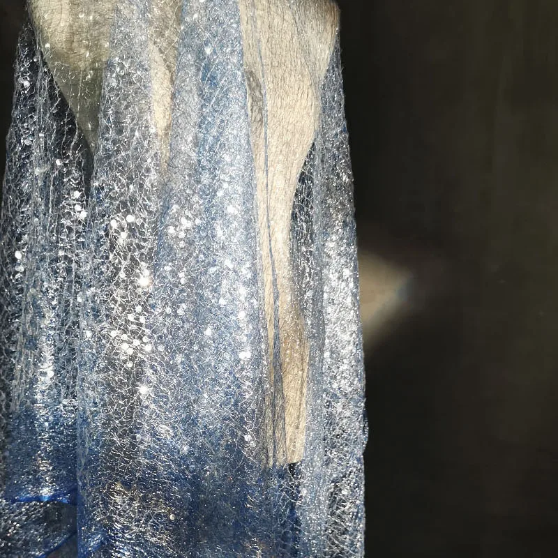 Супер Красивый синий тюль С вышивкой пайетками, блестящая сетчатая свадебная ткань Для свадебного платья, расшитое бисером, Роскошная кружевная ткань 3
