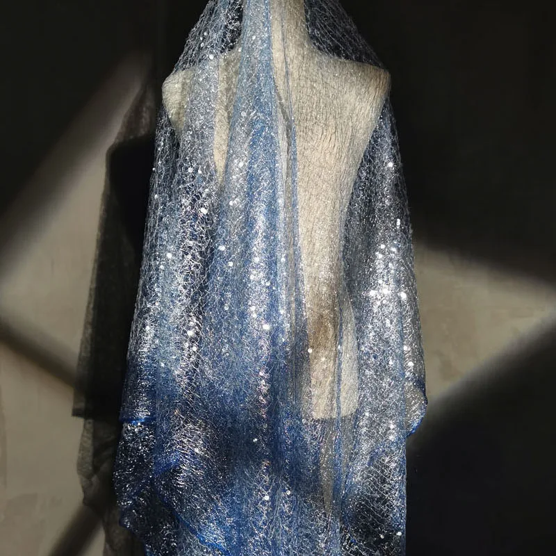 Супер Красивый синий тюль С вышивкой пайетками, блестящая сетчатая свадебная ткань Для свадебного платья, расшитое бисером, Роскошная кружевная ткань 4