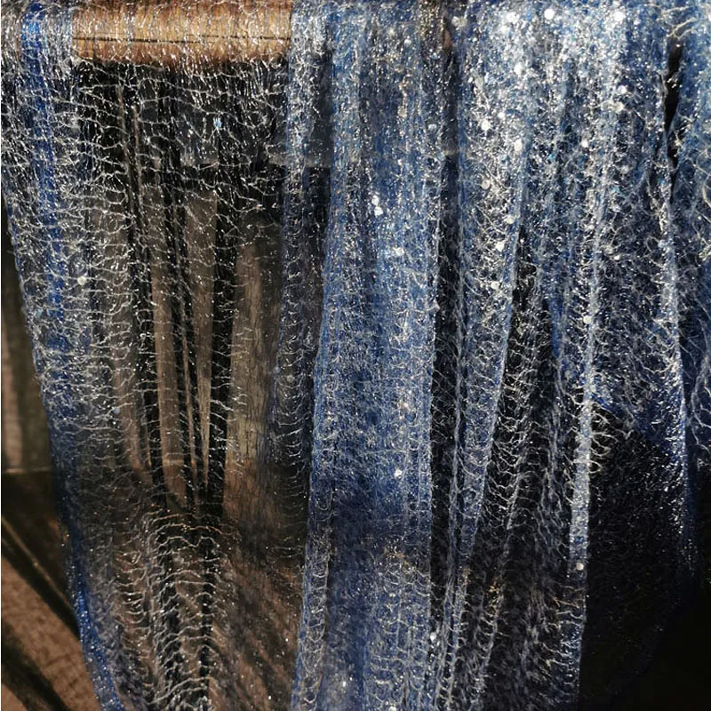 Супер Красивый синий тюль С вышивкой пайетками, блестящая сетчатая свадебная ткань Для свадебного платья, расшитое бисером, Роскошная кружевная ткань 5