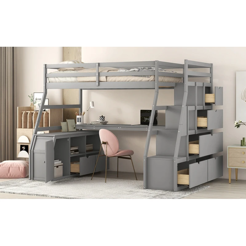 Двуспальная кровать-чердак с 7 ящиками, 2 полками и письменным столом - серый/белый/Эспрессо 0