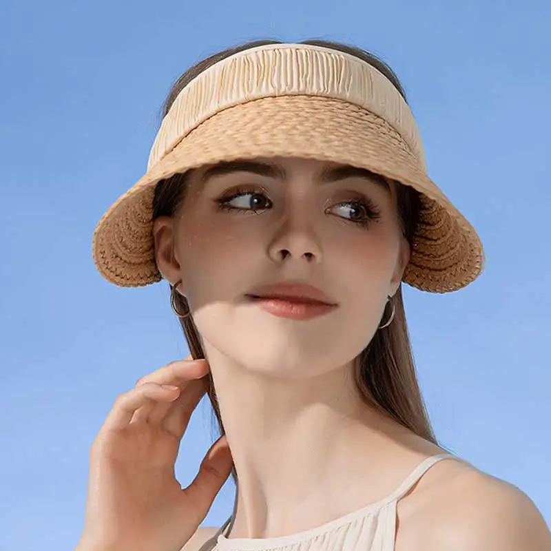 Модная соломенная шляпа со складками для женщин, Цветная блокировка, Мягкая Пустая верхняя крышка, регулируемая Летняя защита от ультрафиолета, женская пляжная шляпа от солнца 1