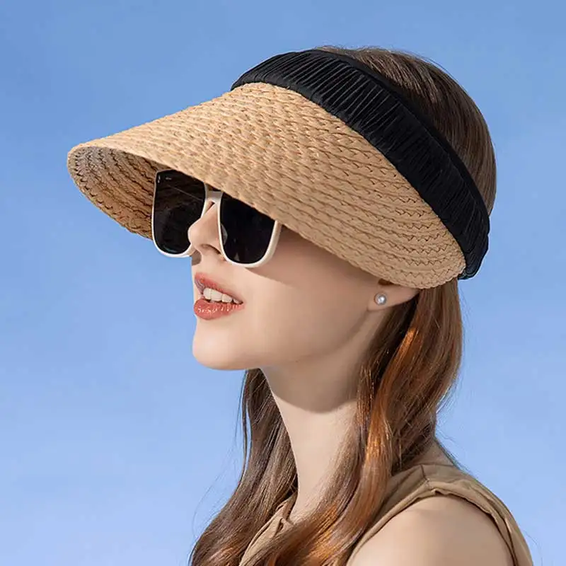 Модная соломенная шляпа со складками для женщин, Цветная блокировка, Мягкая Пустая верхняя крышка, регулируемая Летняя защита от ультрафиолета, женская пляжная шляпа от солнца 2