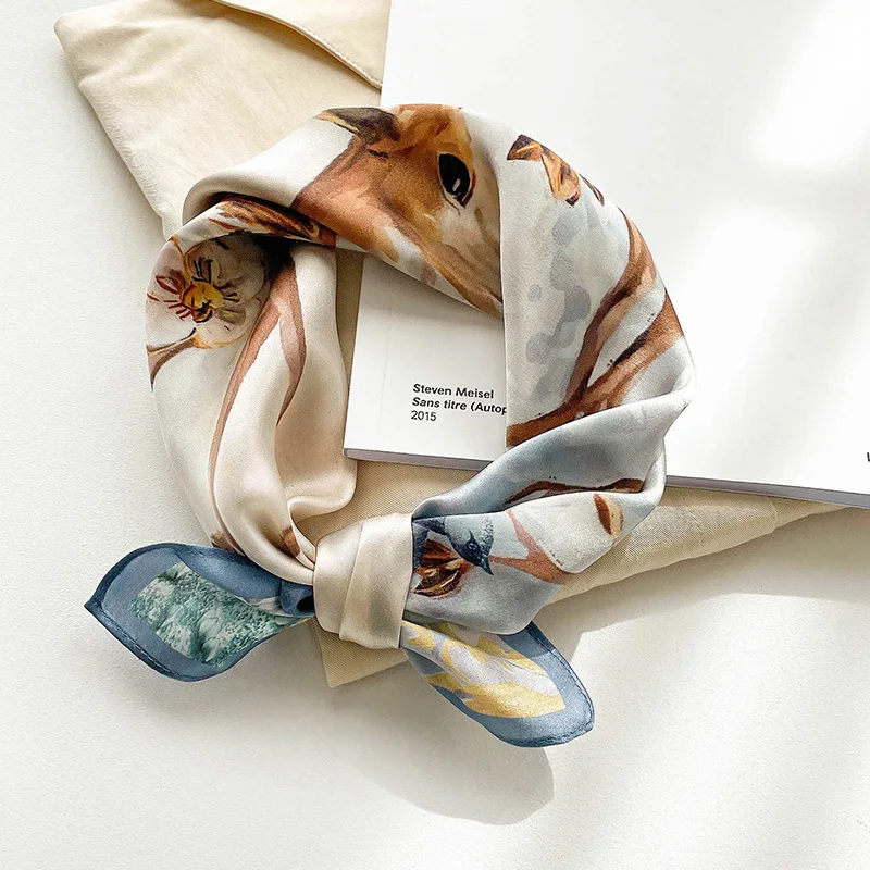 Повязка на голову из 100 шелка тутового дерева Женский дизайнерский шарф-бандана с оленями и птицами, платки, женские головные уборы, квадратные шарфы для волос 0