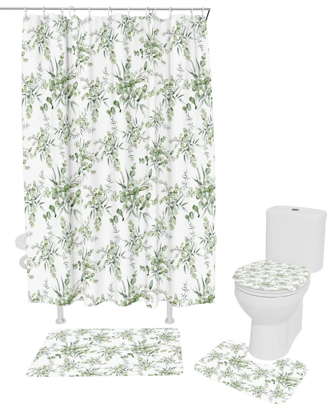 Весенние листья эвкалипта, набор занавесок для душа, Нескользящие коврики, коврик для ванной, крышка унитаза, Водонепроницаемая занавеска для ванной из полиэстера 0