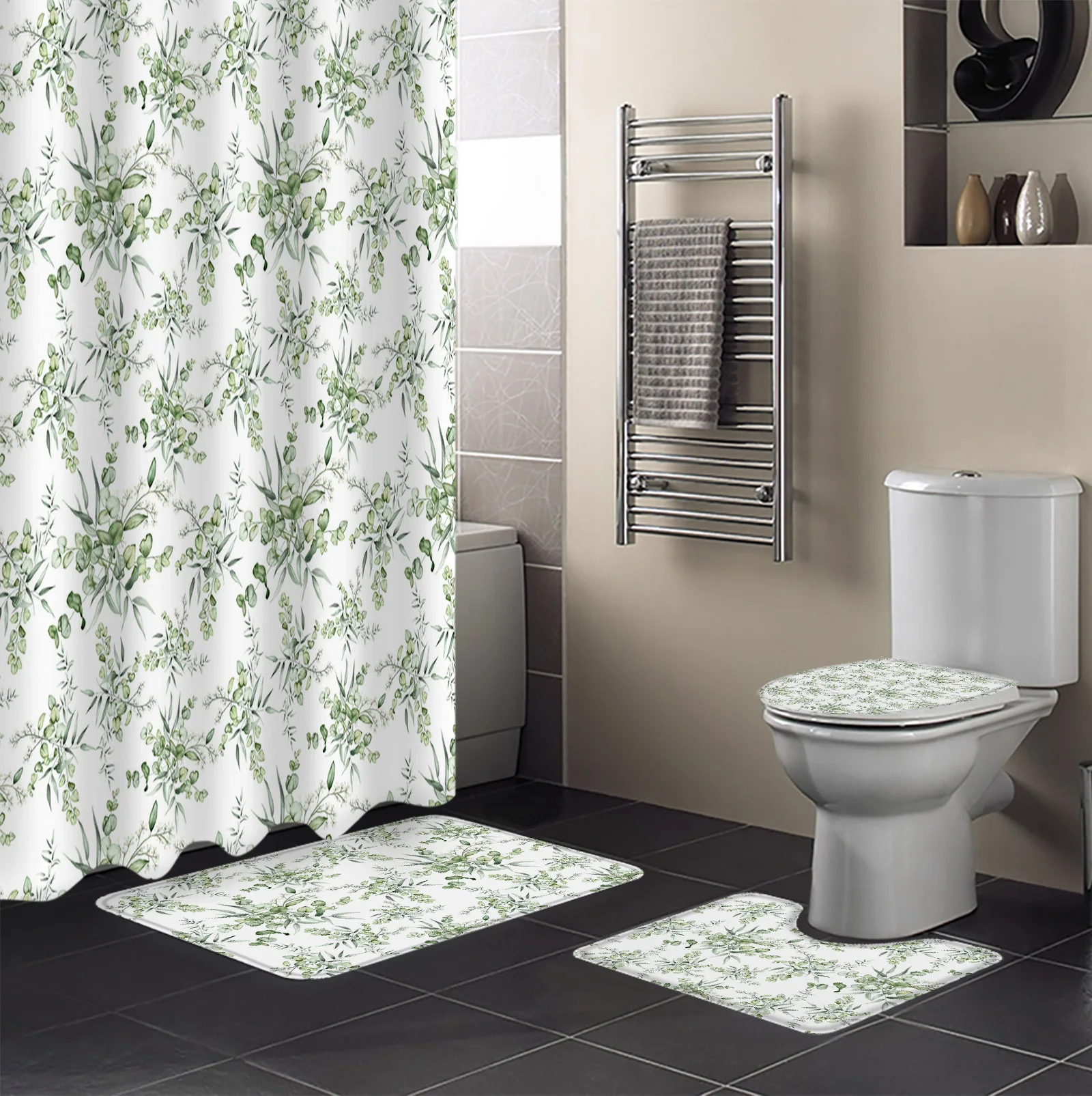 Весенние листья эвкалипта, набор занавесок для душа, Нескользящие коврики, коврик для ванной, крышка унитаза, Водонепроницаемая занавеска для ванной из полиэстера 1