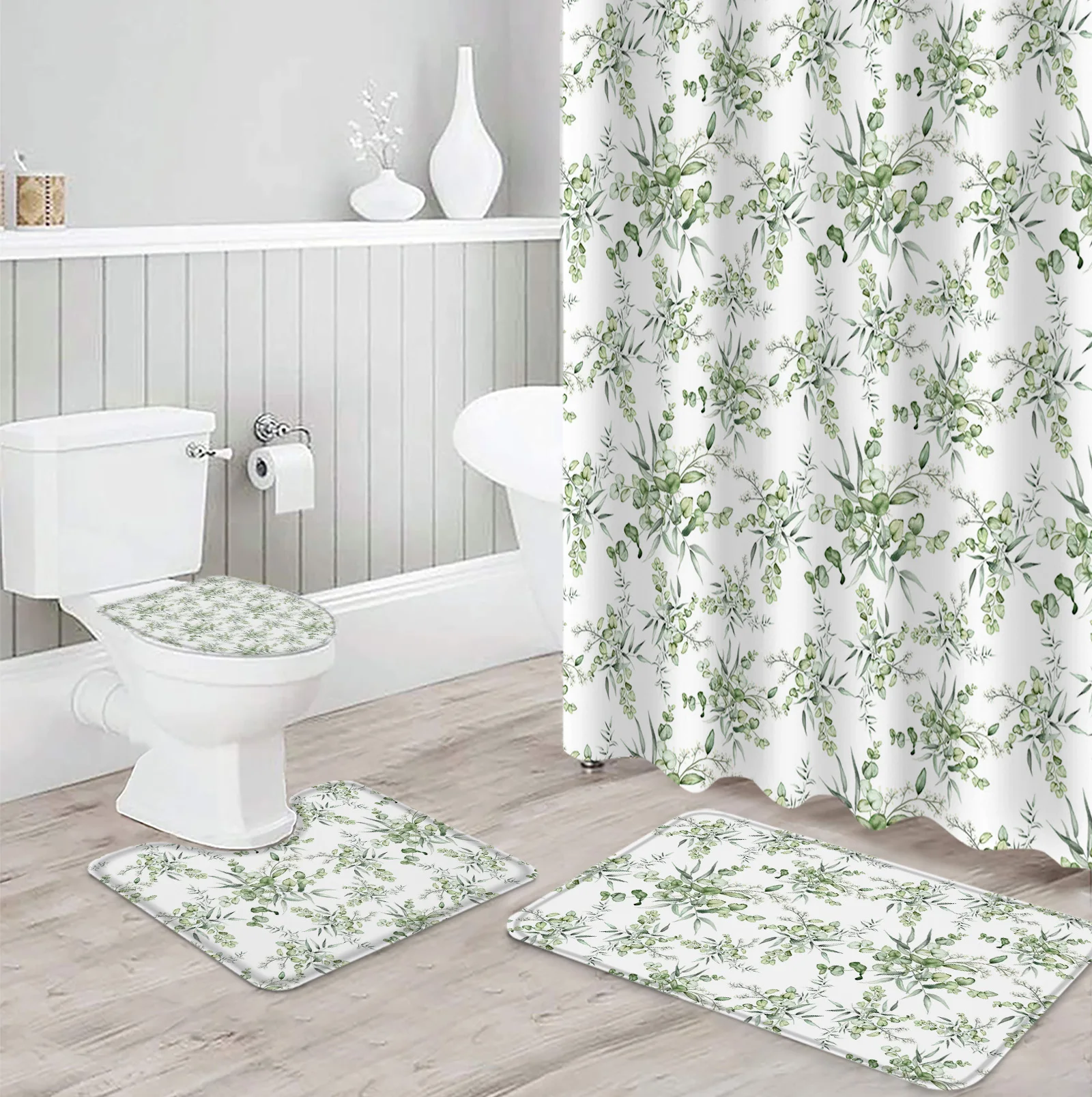 Весенние листья эвкалипта, набор занавесок для душа, Нескользящие коврики, коврик для ванной, крышка унитаза, Водонепроницаемая занавеска для ванной из полиэстера 2
