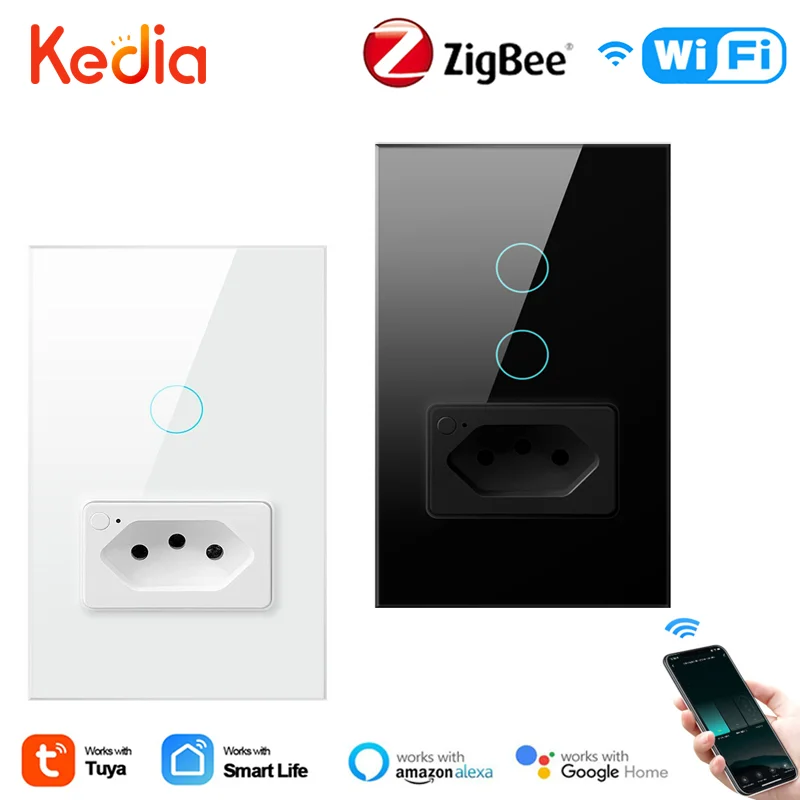 Tuya Zigbee WiFi Smart Switch Розетка 16 /20A, Бразилия, Стеклянная панель 4X2, 1/2 Кнопки, Умный Выключатель Света, Умный Дом Alexa Google Home 0