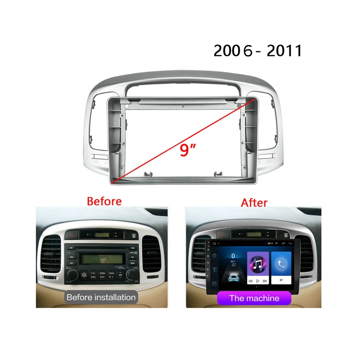 9-Дюймовая рамка приборной панели автомобиля на 2 Din, радио, панель DVD-адаптера, MP5-плеер с кабелем для Hyundai Accent 2006-2011 4