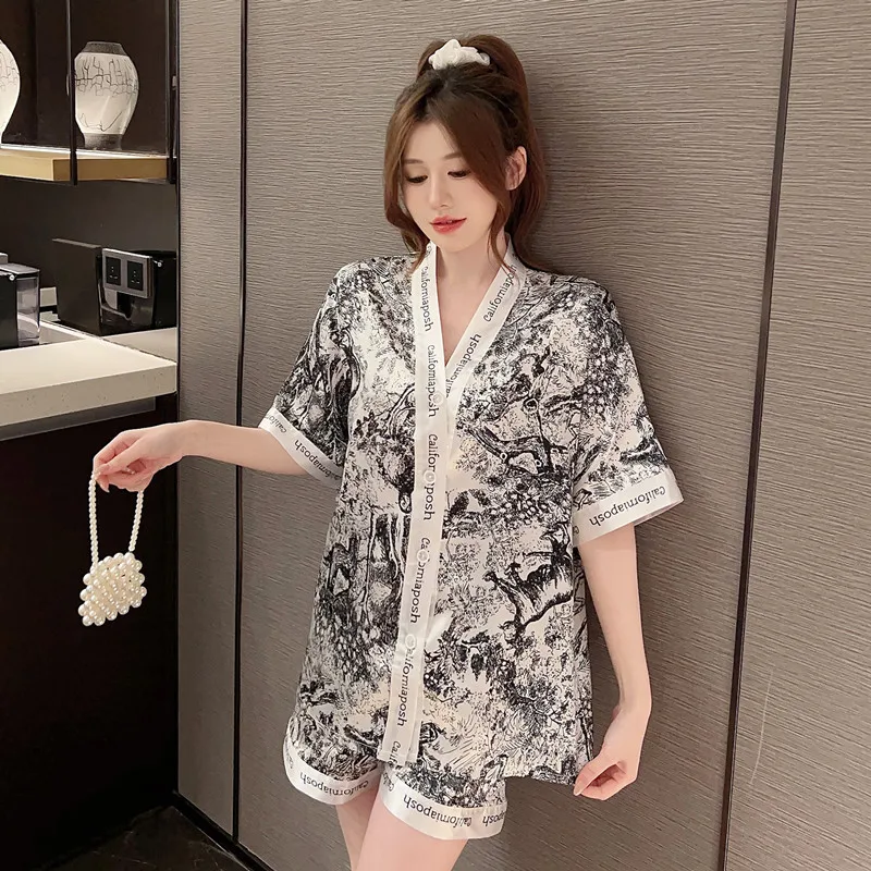 Женская пижама с V-образным вырезом и шелковым атласным принтом, пижамный комплект, пижама с коротким рукавом, Женский комплект из двух предметов для сна, M-3XL 3