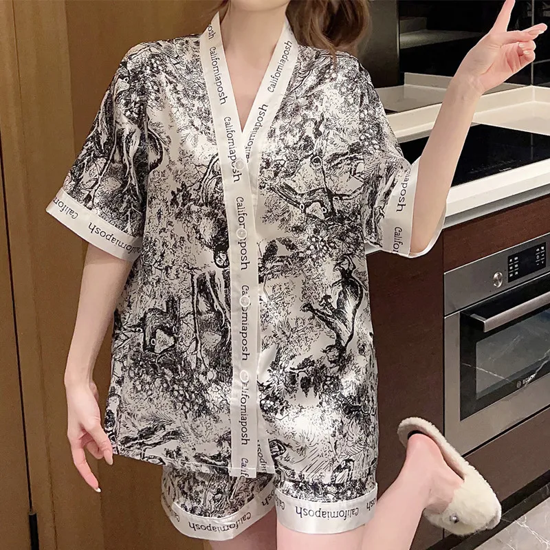 Женская пижама с V-образным вырезом и шелковым атласным принтом, пижамный комплект, пижама с коротким рукавом, Женский комплект из двух предметов для сна, M-3XL 4