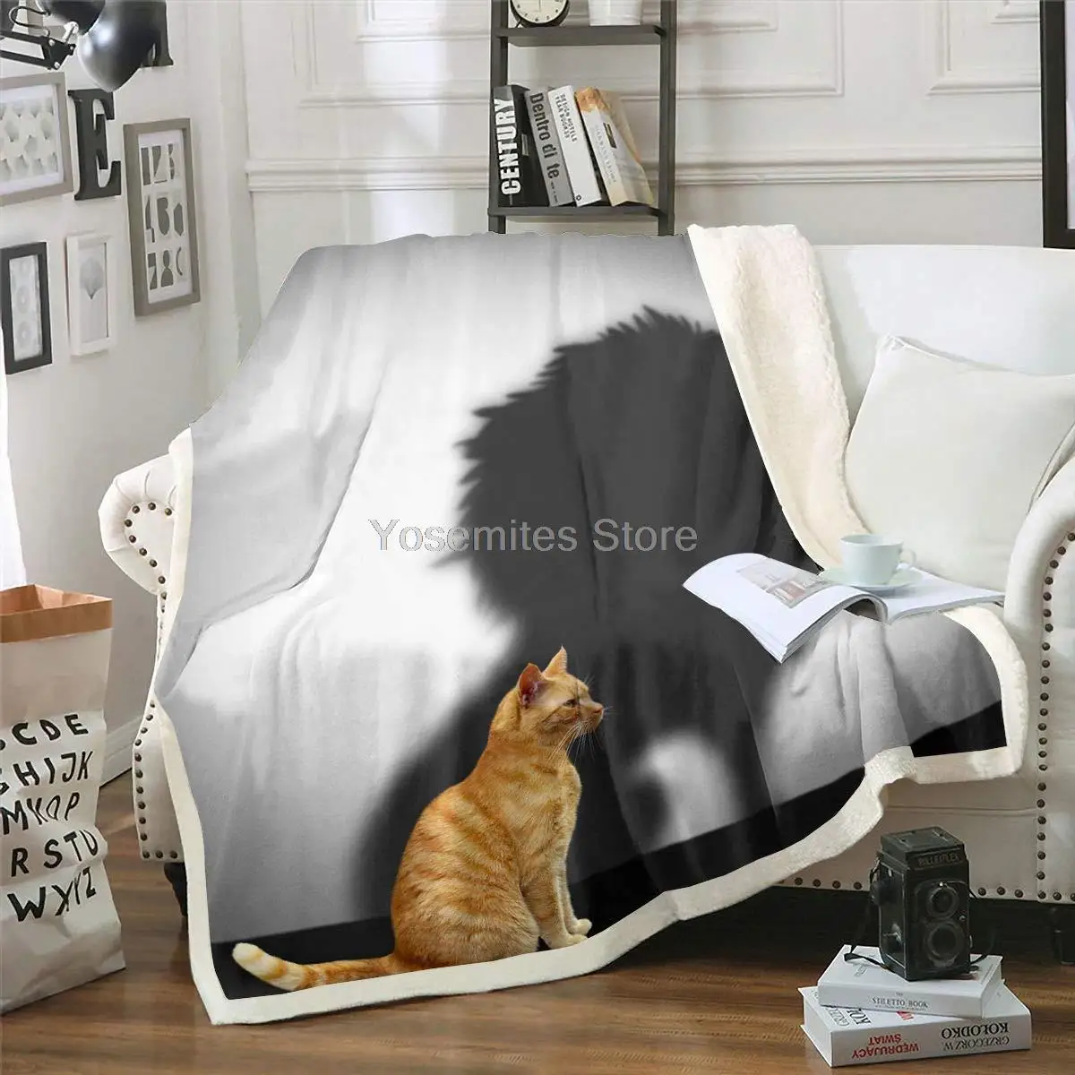 Фланелевое одеяло с 3D принтом Кошки и Льва, диван, кресло, Кровать, Маленький Оранжевый Кот, Большой Лев, Шерпа, мягкое одеяло из микрофибры 0