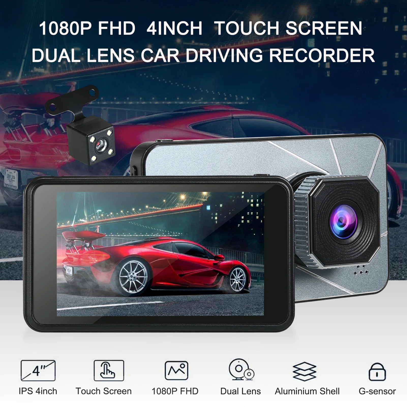 1080P FHD Автомобильный Видеорегистратор 4-дюймовый Регистратор Для Вождения Автомобиля, Двухобъективная Автомобильная Видеокамера, Циклическая Запись G-сенсора 4