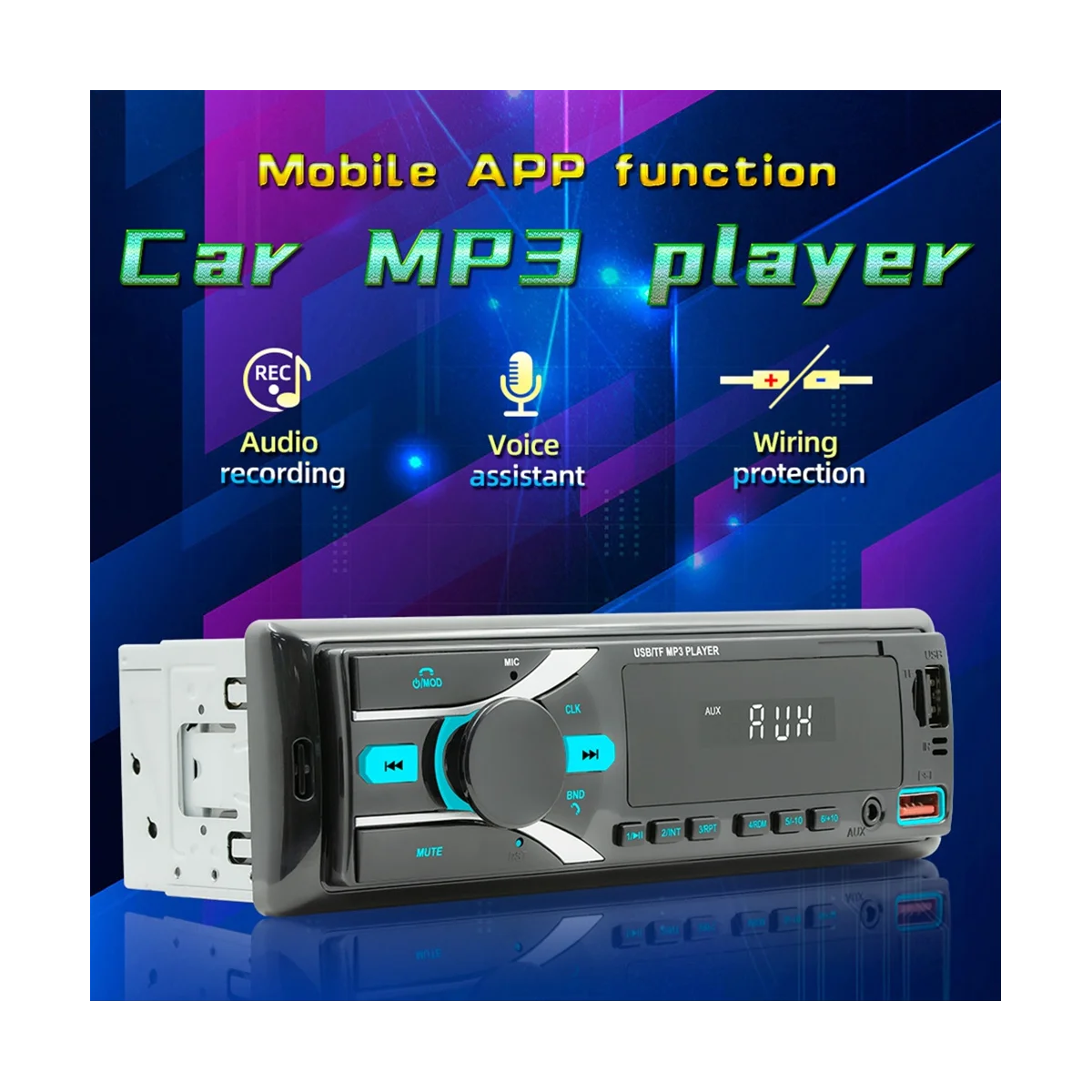 Автомагнитола Автомобильная стереосистема Bluetooth MP3-плеер на один Din с управлением через приложение AM FM-радио Вход AUX 2USB радиоприемник 3